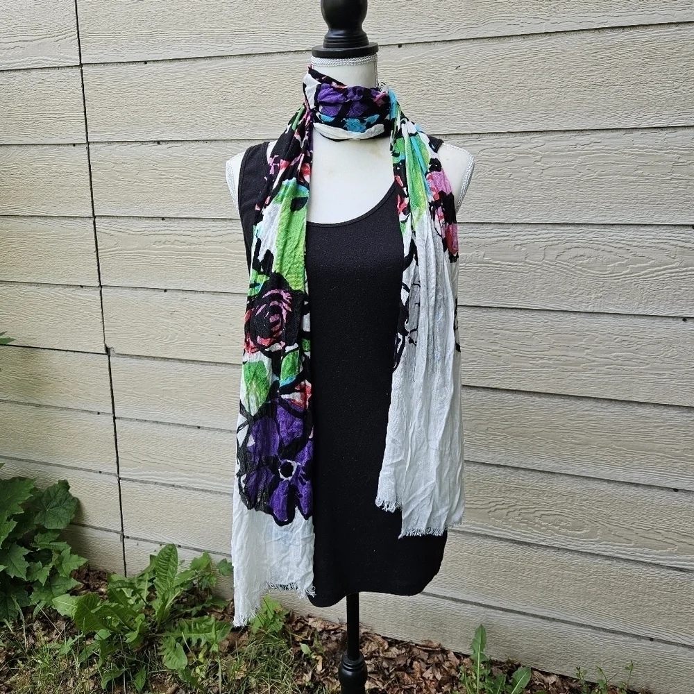 lightweight white scarf with bright flowers green blue pink purple